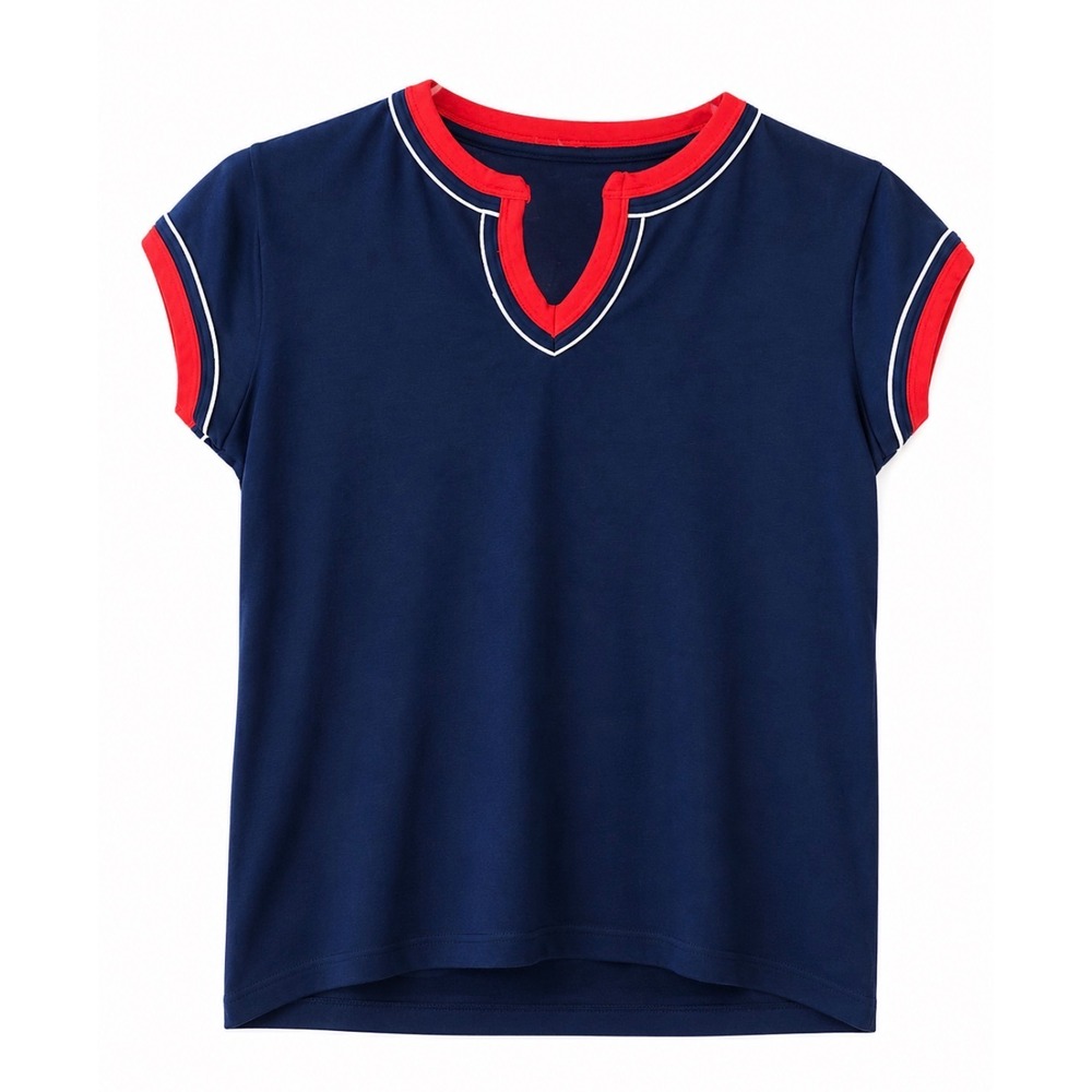 Women's Navy Blue Contrast Trim Golf Top Size L Athletic Short Sleeve Shirt
